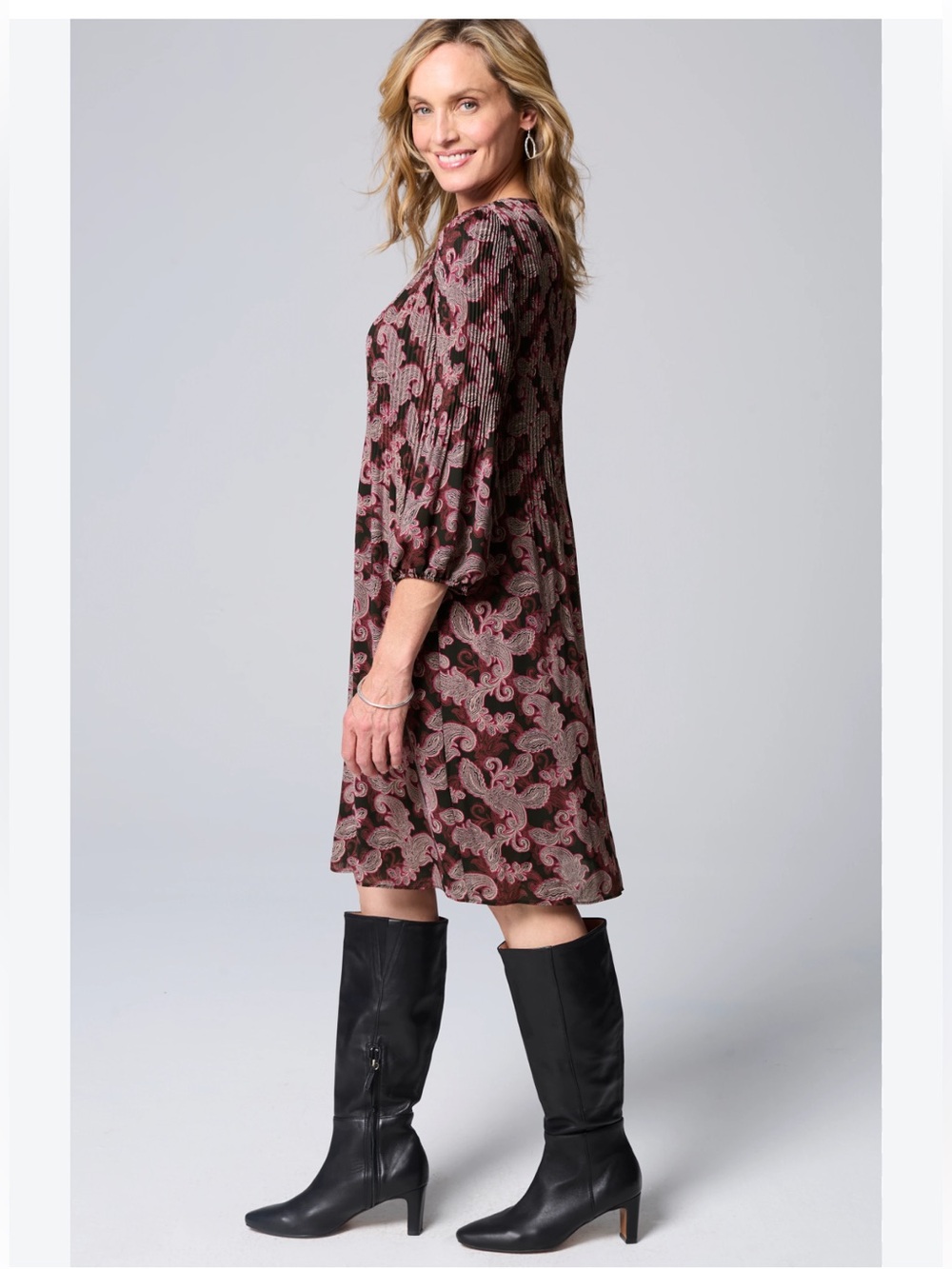 J. Jill Wearever Sunburst-Pleated Plum Plaisley 3/4 Sleeve Midi Dress, LG new